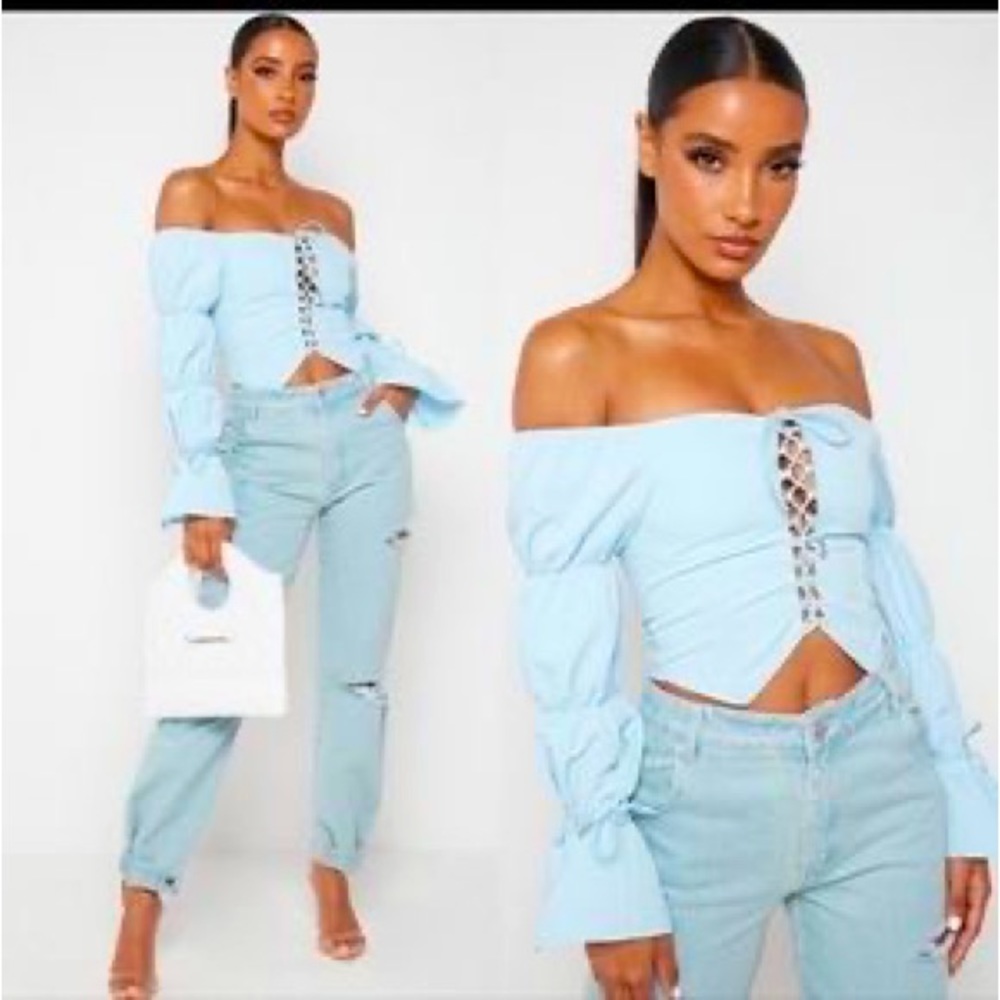 Maniére De Voir light blue puff sleeve corset top